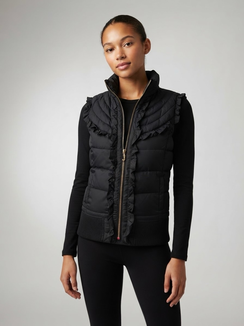 Juicy Couture Ruffled Quilted Puffer Vest - Black Size S